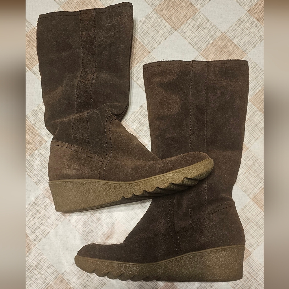 Lands End Womens Brown Suede Sz 8 Knee High Fur Lined Boots EUC B4sh